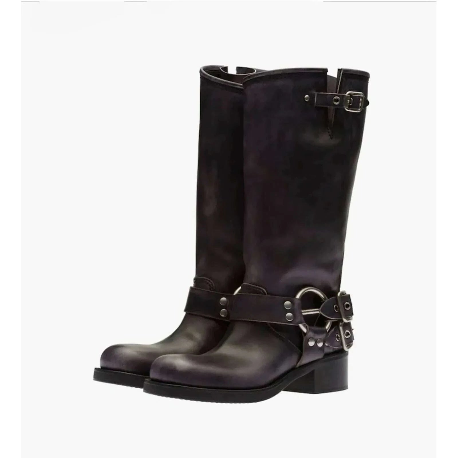 KIMLUD, Arden Furtado 2025Autumn Brown Platform Motorcycle boots Round toe Belt buckle Slip-on Middle heel Knee high boots Western boots, KIMLUD Womens Clothes