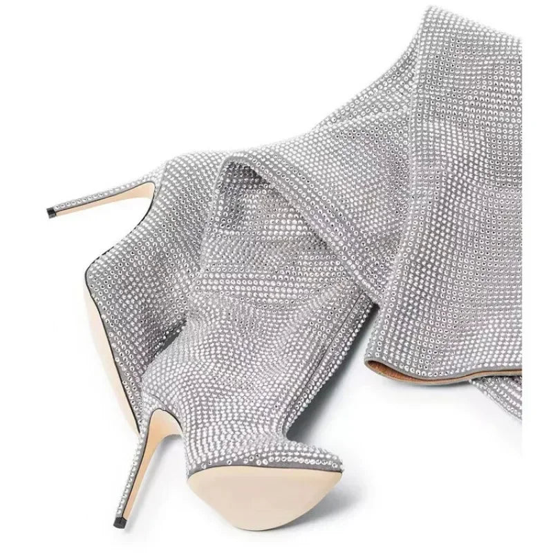 High quality European and American knee length rhinestone pile boots for women's sexy slim high heeled pointed runway boots