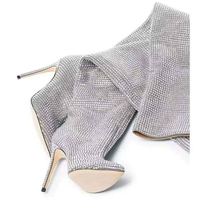 KIMLUD, High quality European and American knee length rhinestone pile boots for women's sexy slim high heeled pointed runway boots, KIMLUD Womens Clothes