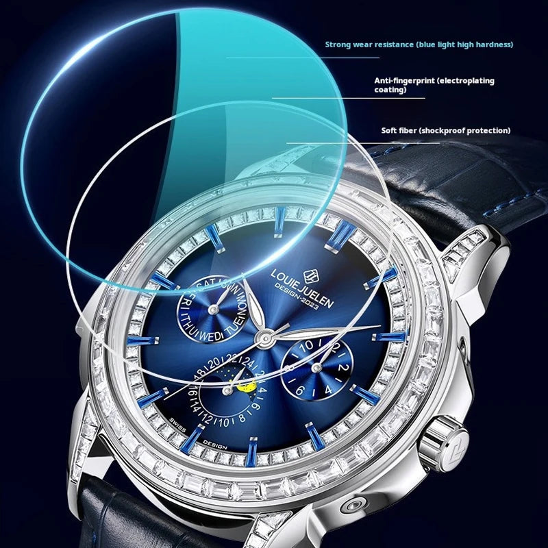 Automatic Moon Phase Watch Leather Strap Diamond Bezel Week Calendar — Blue | KIMLUD