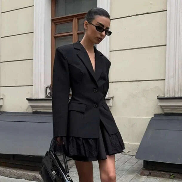KIMLUD, 2025 Autumn and Winter New Fashion Black Small Suit Solid Jacket Design Sense Lace Splicing Commuting Long Sleeved Top Coat, KIMLUD Womens Clothes