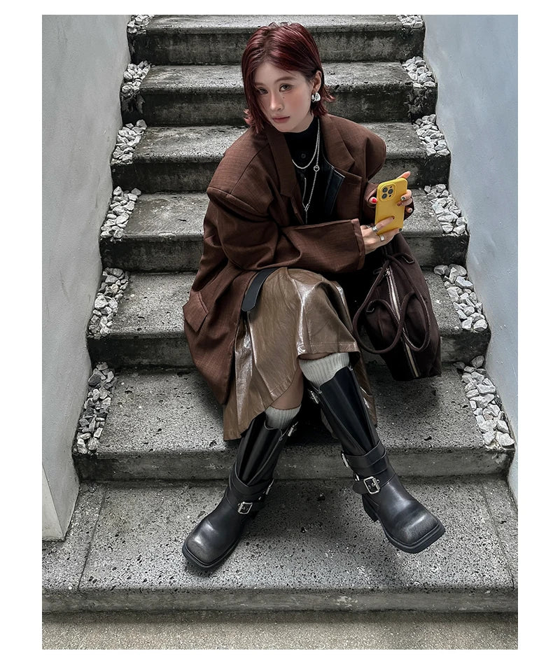 Women's Boots Half High Square Toe Footwear Brown Biker Shoes For Woman Mid Calf Middle Heel Comfortable And Low Price Pu Goth