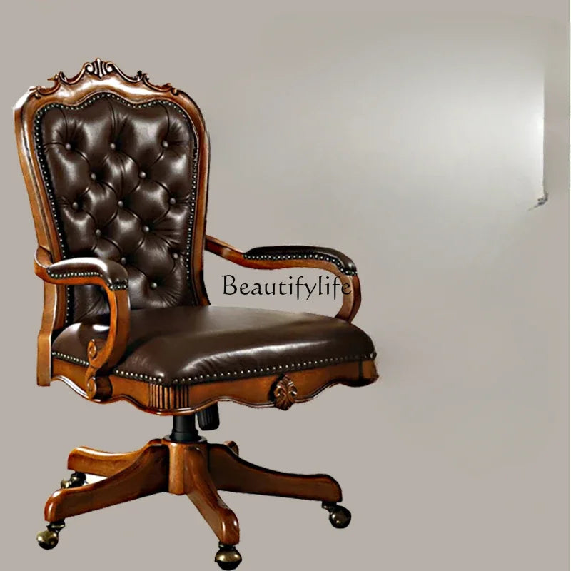 12American Genuine Leather Retro Carved Solid Wood Swivel Chair Office Chair Lift