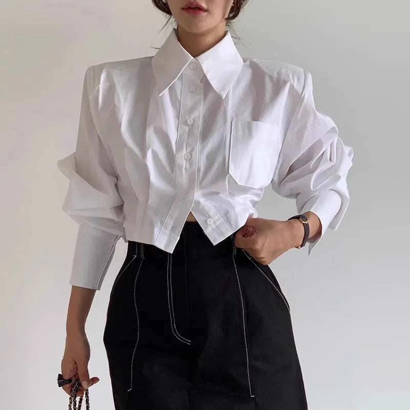 Blouse – Turn-Down Collar Long Sleeve – Hollow Out Details | KIMLUD