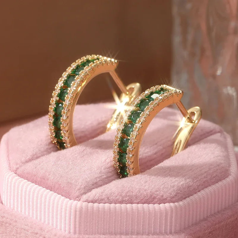 Cubic Zirconia Hoop Earrings Inlaid — Green | KIMLUD