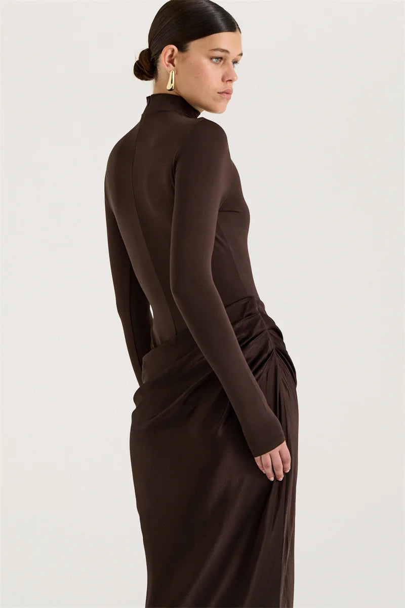 Mozision Autumn Long Sleeve Sexy Maxi Dress Women Fashion Hollow Out Turtleneck Ruched Bodycon Club Party Long Dresses Female