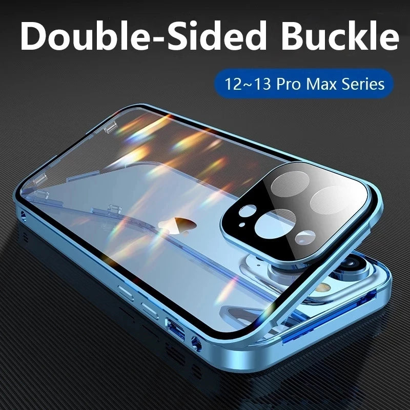 360 Full Protection Metal Magnetic Double Sided Glass Snap Lock Case For iPhone 17 16 15 14 12 13 Pro Max Lens Protection Cover