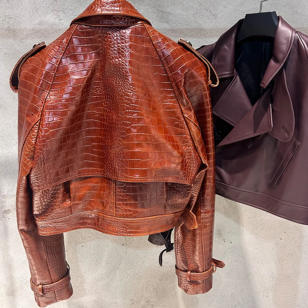Crocodile Texture Woman Leather Jacket Short Autumn Jacket Leather Fashion Shoulder Pad Jacket