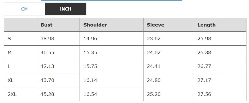 Measurement chart comparing centimeters (CM) and inches for clothing sizes S to 2XL.