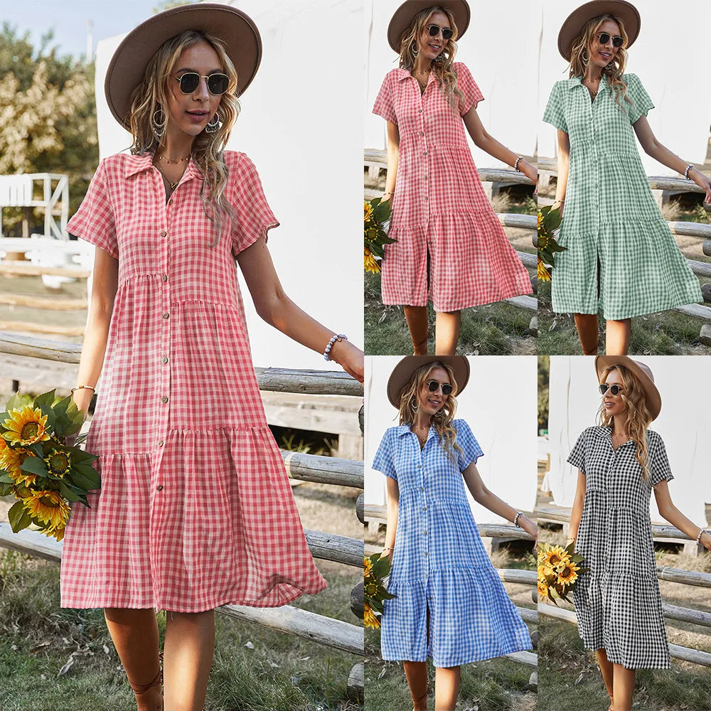 2026 Women's Checkered Short-Sleeve Shirtdress Single-breasted Button-down Short-sleeved Dress Casual Country-style Long Dress