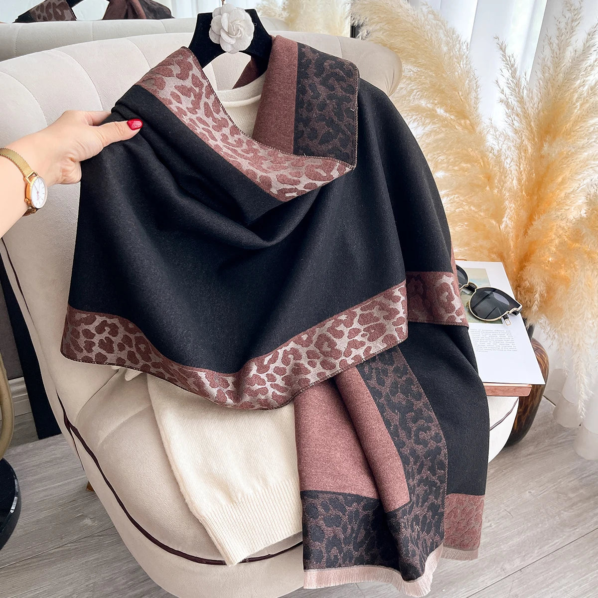 Cashmere Scarf Plaid Leopard Print Edge With Soft Knit For Winter Wrap — Blush Pink | KIMLUD