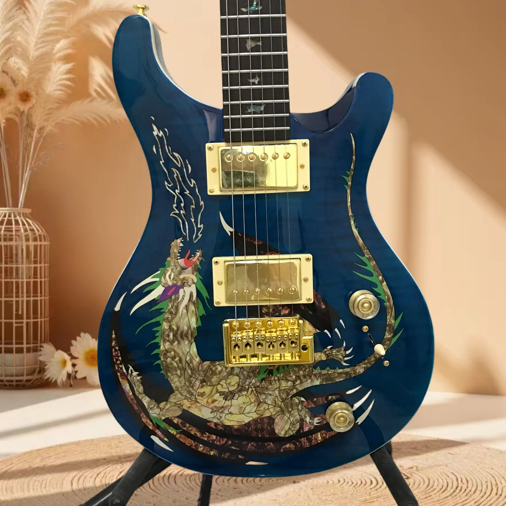Mahogany Body Dragon Inlay Electric Guitar — Blue | KIMLUD