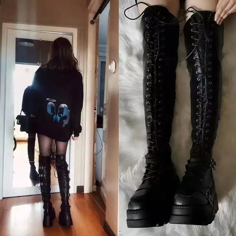 Fashion High Boots Women Platform Wedges Motorcycle Boot Over The Knee Army Stripper Heels Black Lace-up Belt Buckle Long Boots