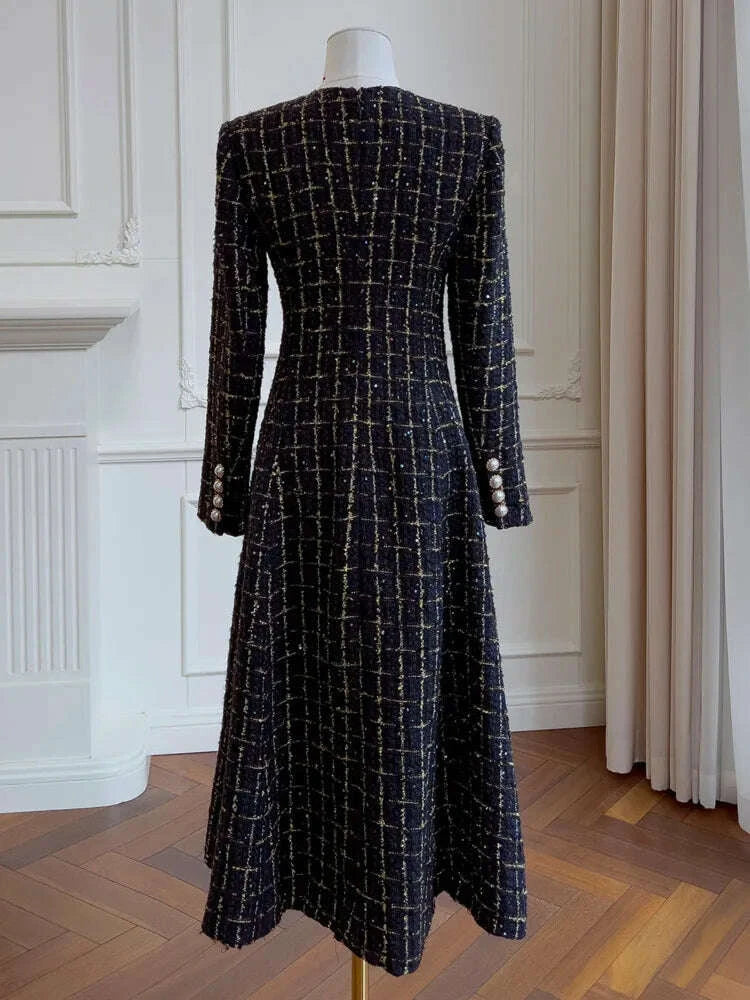 KIMLUD, IEQJ Fashion Autumn Winter Evening Dress Women O-Neck Long Sleeves Single-breasted Zipper Cotton Tweed Umbrella Dresses New, KIMLUD Womens Clothes