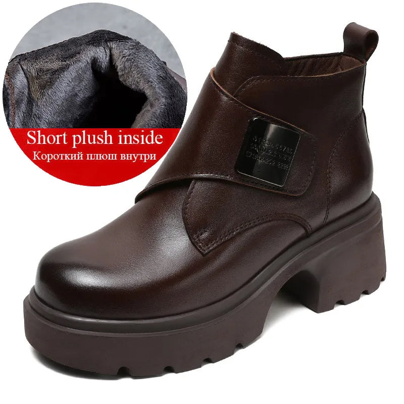 DRKANOL Wide Head Design Women Platform Boots Autumn Winter Warm Thick High Heel Hool And Loop Metal Genuine Leather Ankle Boots