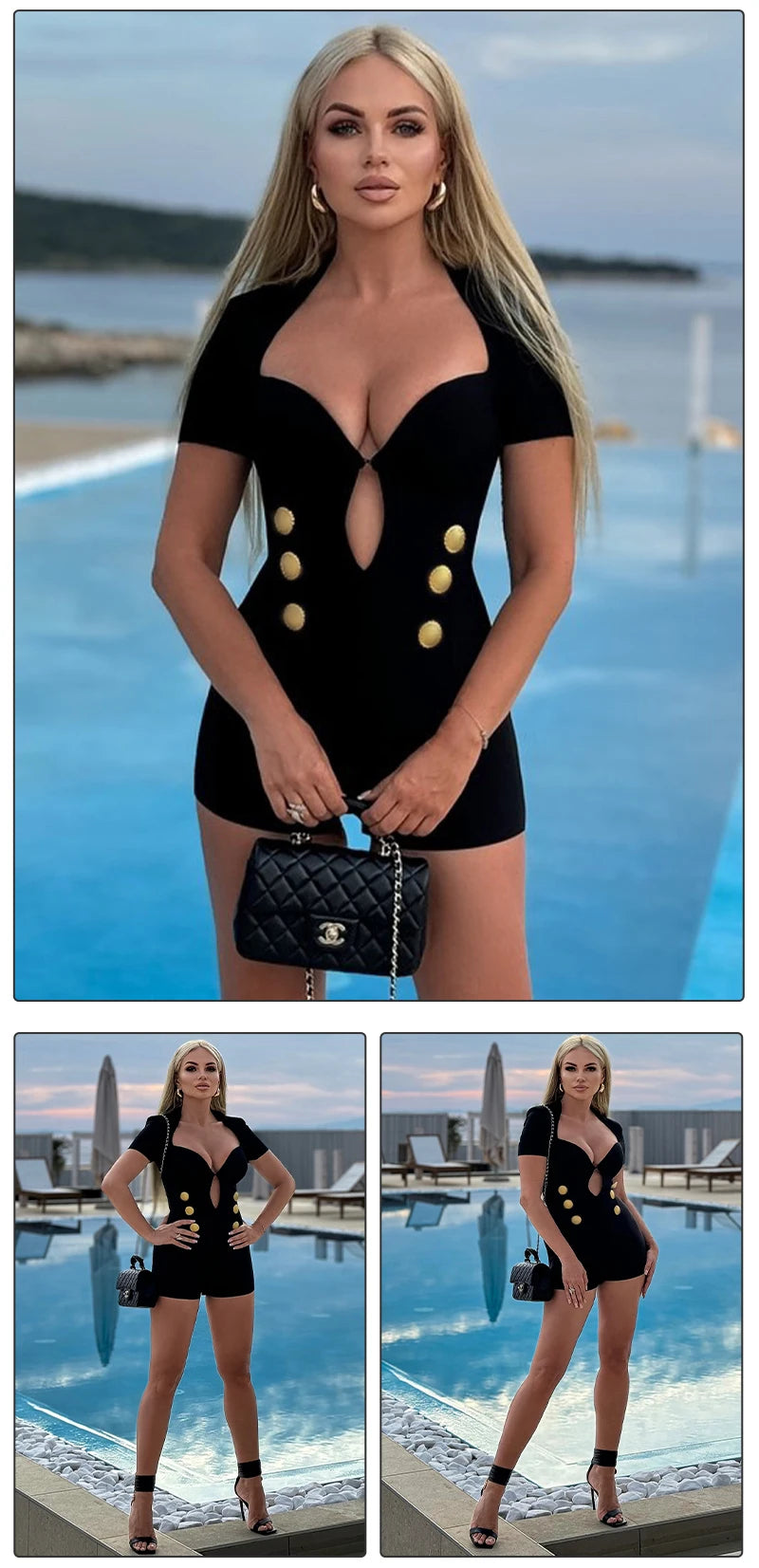 VC 2024 Summer New Women's Black Structured Romper Cut Out Short Sleeves Gold Button Details Bandage Bodycon Short Jumpsuit