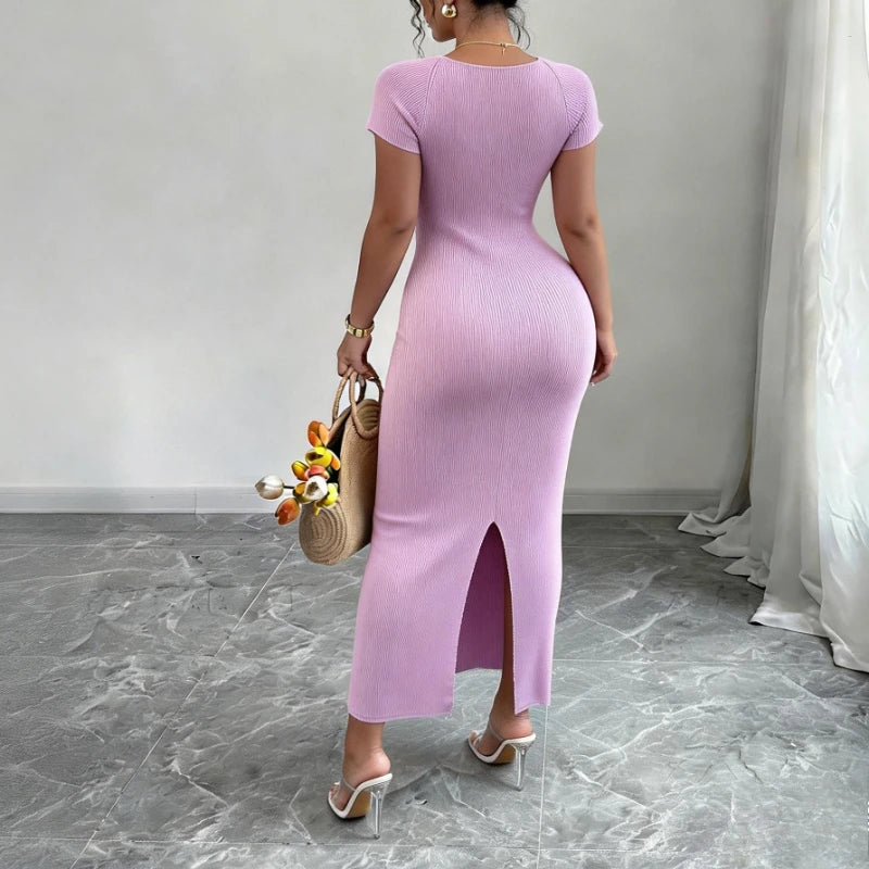 Knit Ribbed Bodycon Midi Dress Sleek — Purple | KIMLUD
