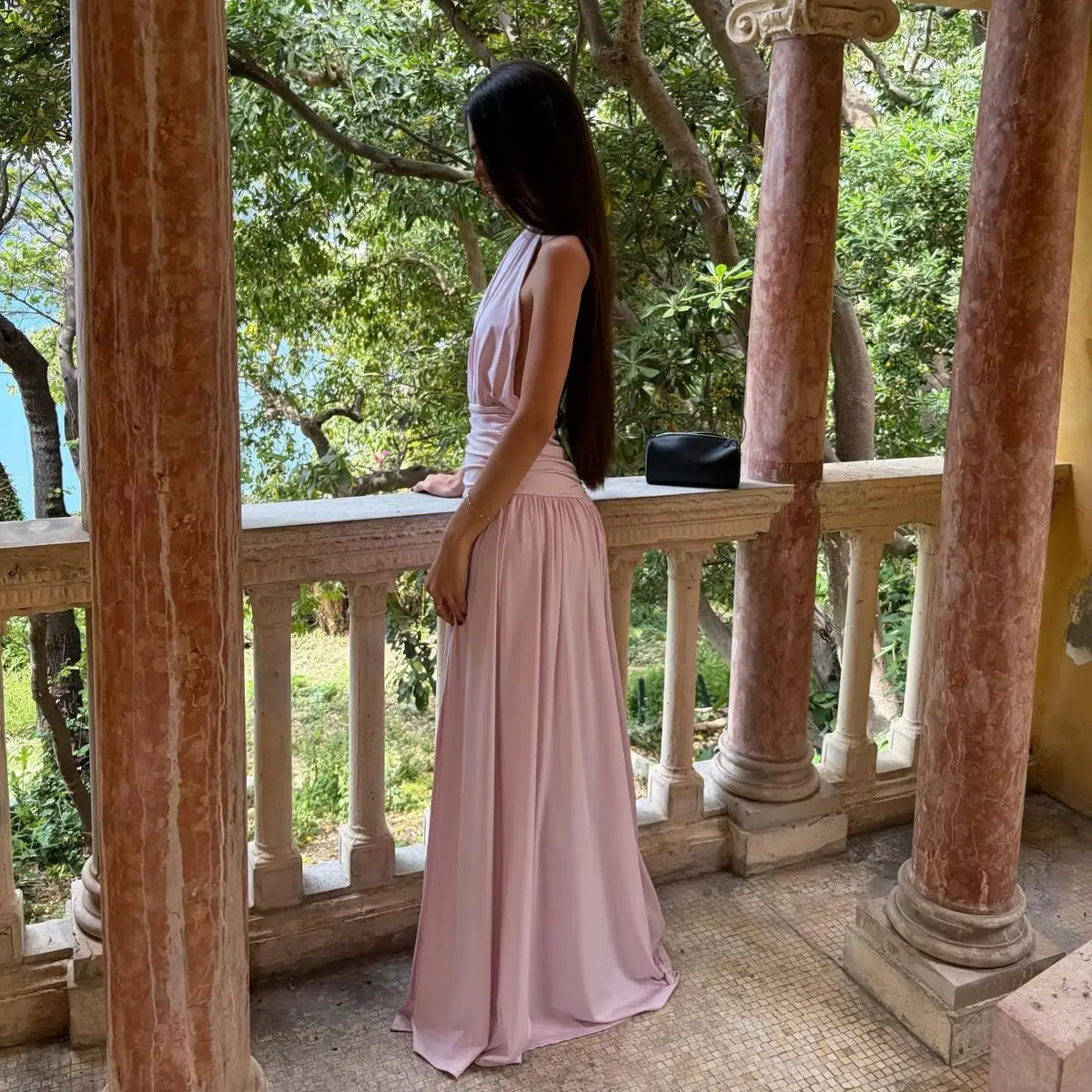 Evening Dress – Halter Neck – A-Line Silhouette – Blush Pink | KIMLUD