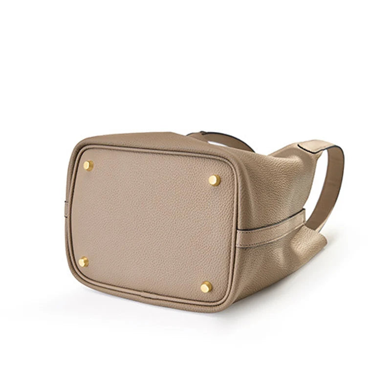 Head Layer Cowhide Leather Bucket Bag Large Capacity — Taupe | KIMLUD