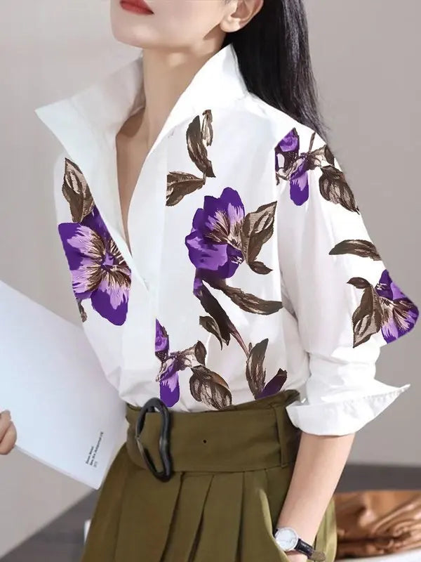 Floral Print Blouse With Stand Collar Long Sleeves — White | KIMLUD