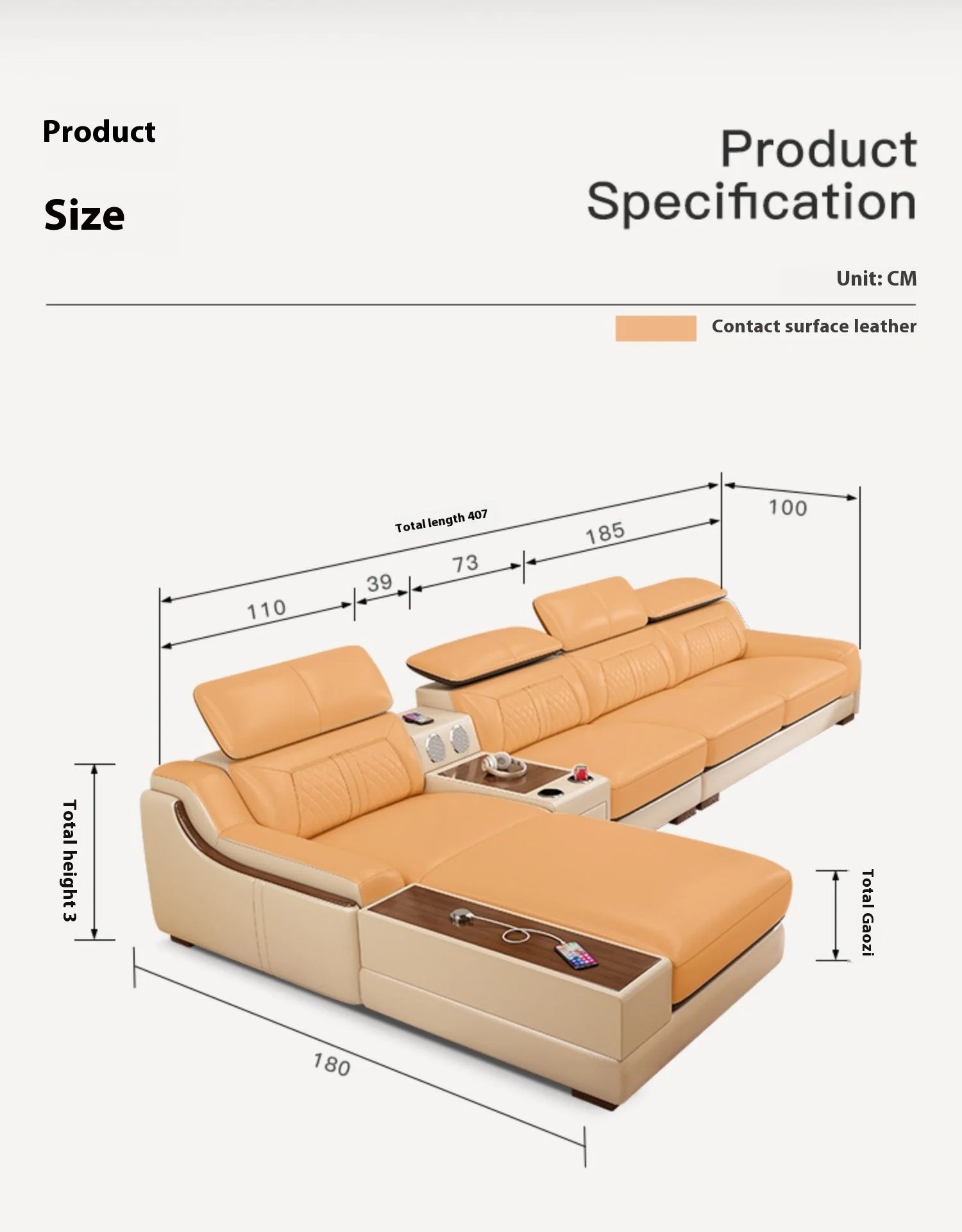 Genuine Italian Leather Sofa L-Shaped With Cup Holders USB Bluetooth — Light Gray | KIMLUD
