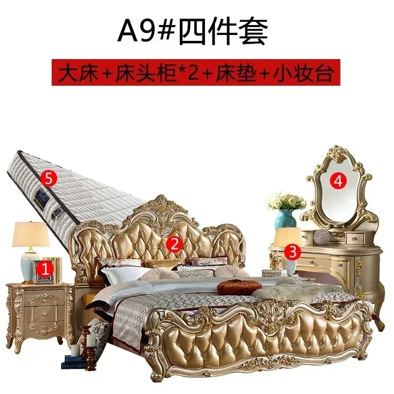 Luxury Gold Double Bed King Size Solid Wood Bedroom Set for Adults, Modern Princess Design Comfort Mattress
