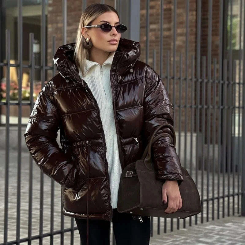 KIMLUD, Casual Shiny Hooded Cotton Jackets Women Stand Collar Zipper Drawstring Waist Solid Coat 2025 Winter Lady Chic Warm Outwears New, KIMLUD Womens Clothes