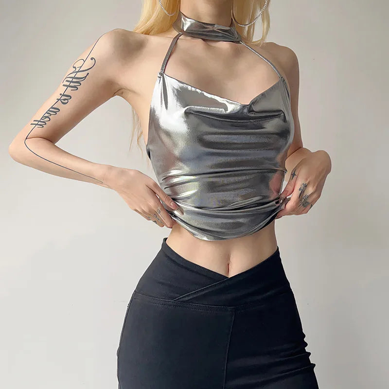 Shiny Silver Patent Leather Tank Top Women Slim Halter Crop Tops Backless Camisole Female Tube Top Cropped Vest