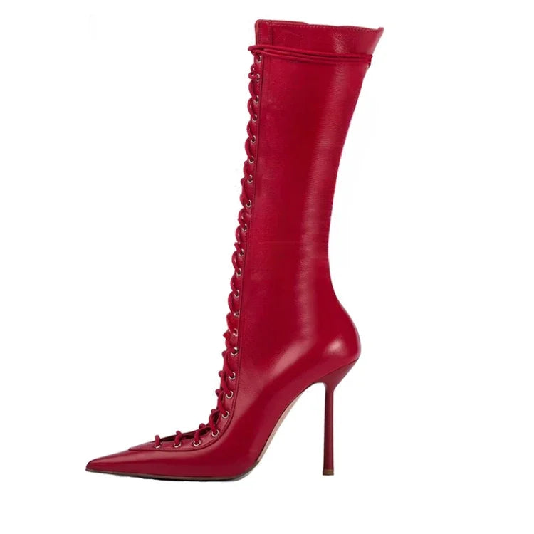 Lace-Up Leather Cross-Strap Knee High Boots — Brown | KIMLUD