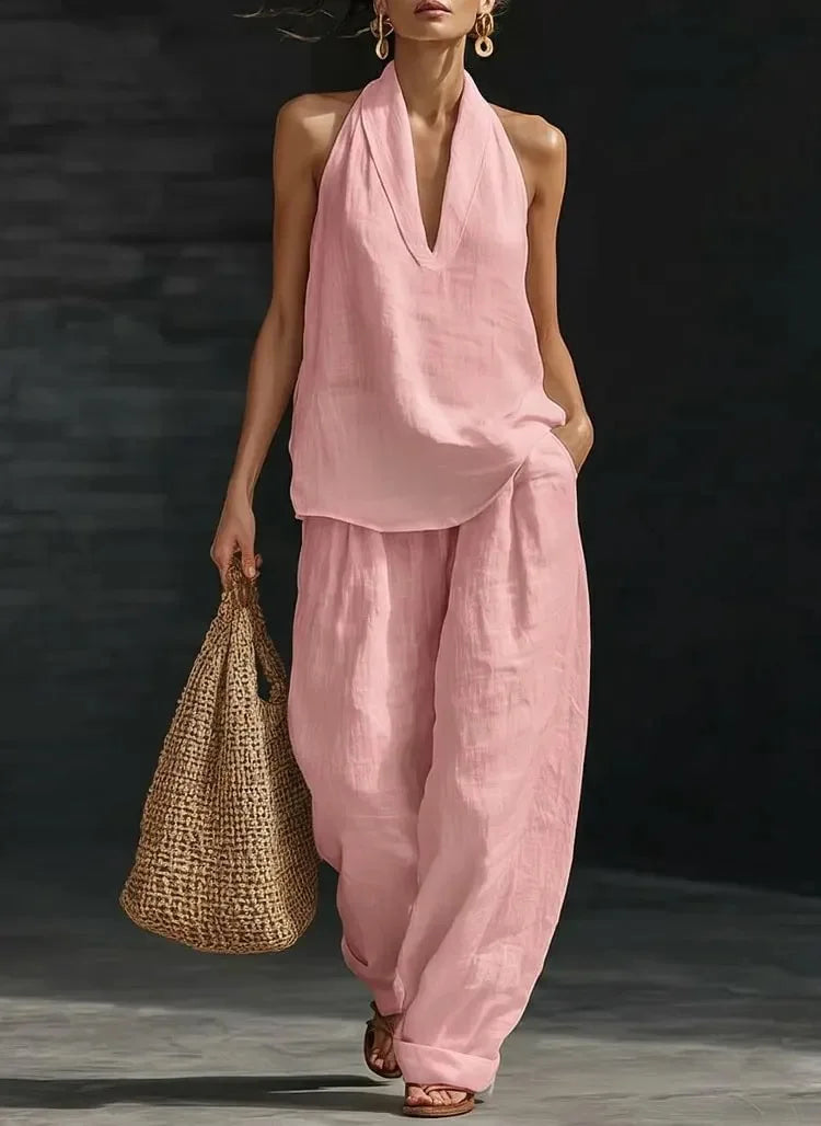 Two Piece Set – Sleeveless V Neck Top and Wide Leg Pants – Broadcloth | KIMLUD