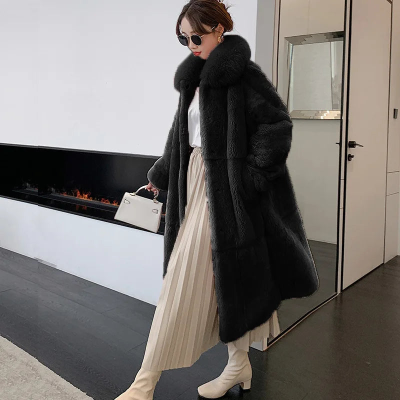 5XL Oversized Autumn Winter Faux Fur Coat Women Loose Long Plush Jackets Thick Warm OverCoat Female Large Fur Collar Parka 2023