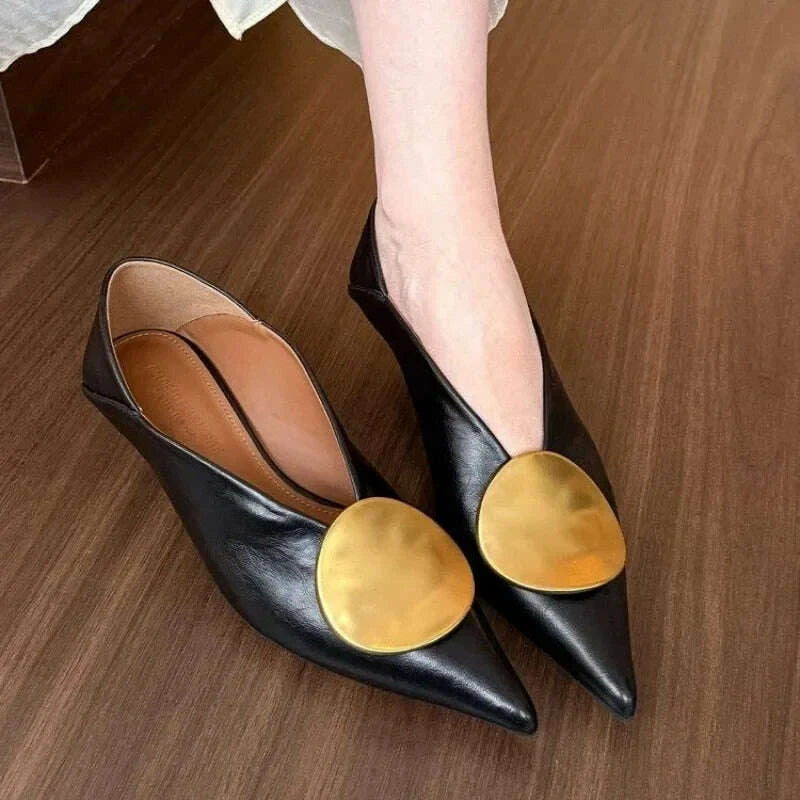 KIMLUD, 2025All-match Gold Pointed-toe Metal Buckle Single Shoes Women Wear Light-heeled Small Leather Shoes Twice in Summer, KIMLUD Womens Clothes