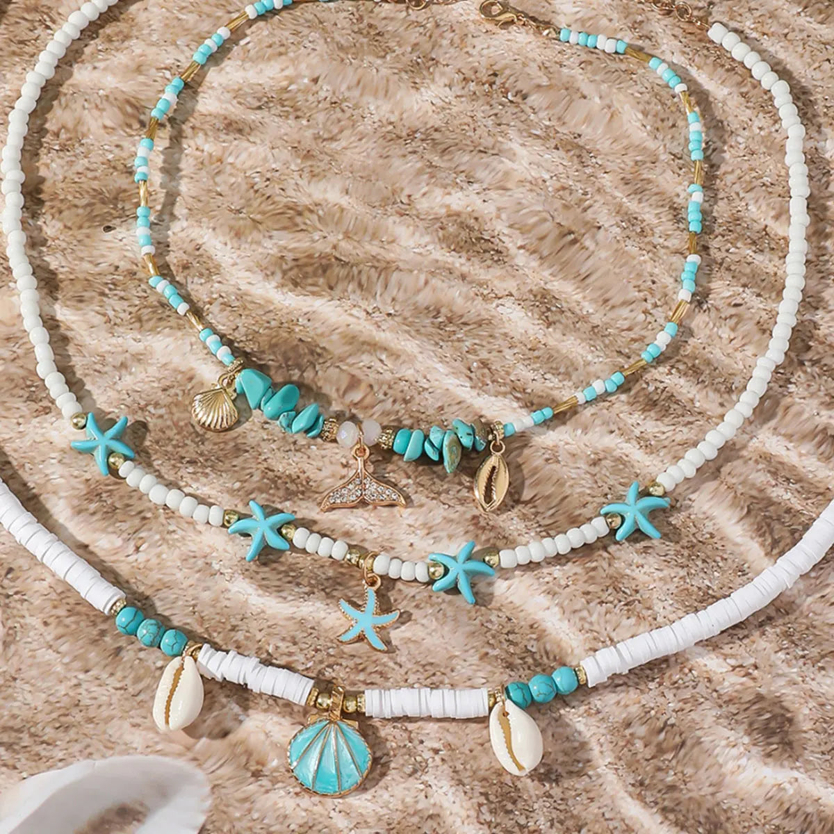Bohemain Vintage Shell Starfish Multi Layered Necklace for Women Ethnic Handmade Fish Tail Beads Necklace Summer Jewelry Gifts