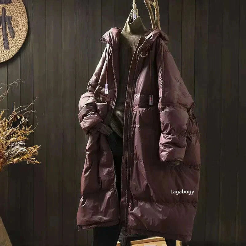 KIMLUD, Lagabogy 2025 New Winter Women Oversize Long Puffer Coat Female Thick Warm White Duck Down Jacket Hooded Loose Parkas Outwear, KIMLUD Womens Clothes