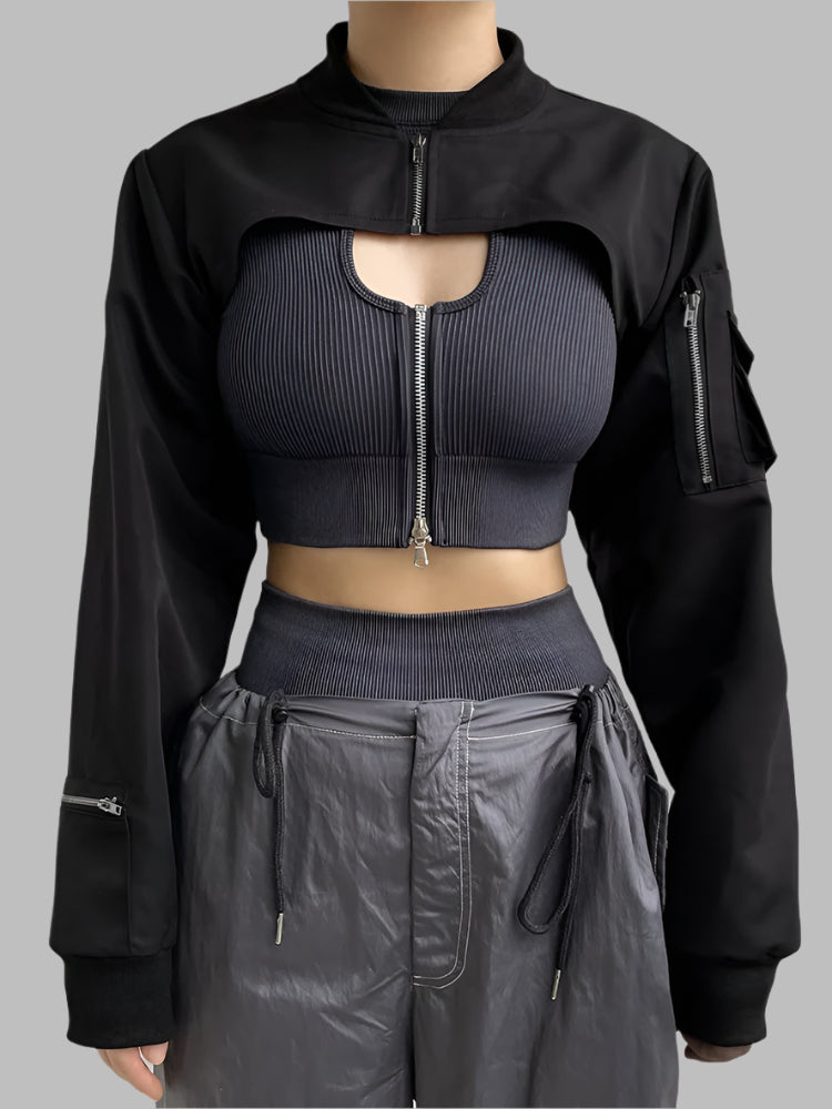 Showmirror Super-short Black Jacket Zipper Long Sleeve Harajuku Cropped Tshirt Gothic Techwear Fashion Korean Tee Punk Street