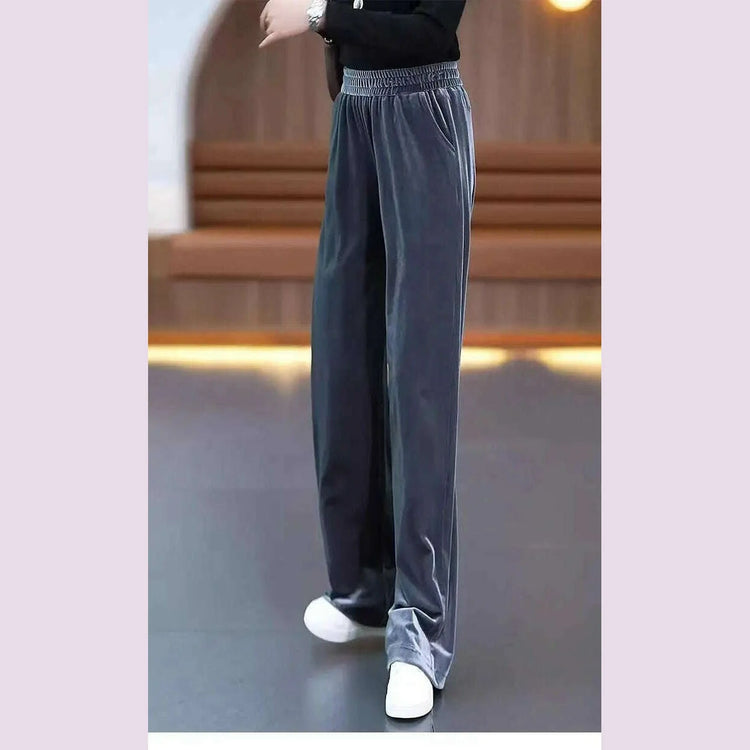 Korean Fashion Women Pleuche Pants Autumn Winter Elastic High Waist Solid Pockets Loose Office Lady Straight Wide Leg Trousers