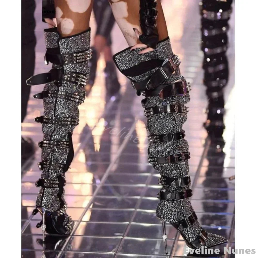KIMLUD, Luxury Crystal Buckles Over The Knee Boots Women Bling Rivets Pointed Toe Iron Heels Long Boots 2025 Fashion Party Catwalk Boots, KIMLUD Womens Clothes