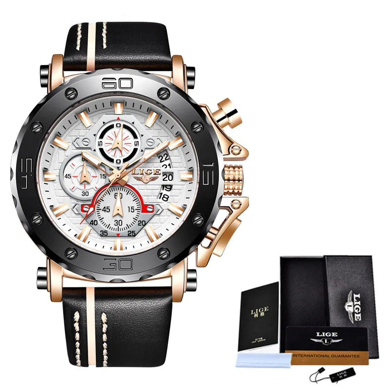 New Top Brand LIGE Mens Watches Fashion Sport Leather Watch Man Luxury Date Waterproof Quartz Chronograph Relogio Masculino+Box