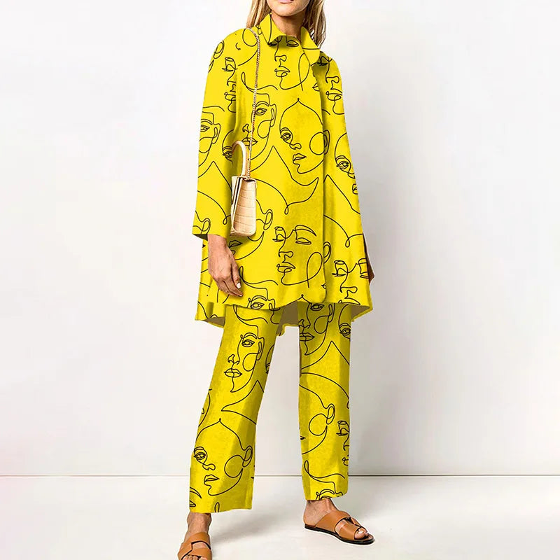 Two-Piece Set – Printed Autumn Vintage – Broadcloth – Wide-Leg Pants | KIMLUD