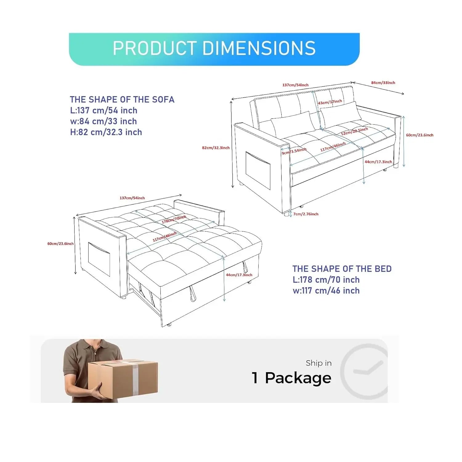 Velvet Sofa Bed 3-in-1 Convertible — Black | KIMLUD