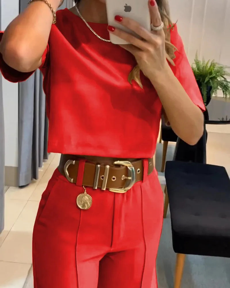 KIMLUD, Summer New Temperament Commuter Solid Color Short-Sleeved Suit Pants Fashion Casual Suit Women's Two Pieces Set New In Matching, KIMLUD Womens Clothes