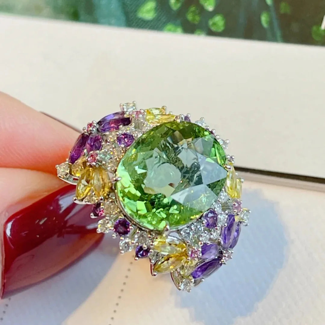 Bohemia Colored Gemstone Adjustable Ring 925 Sterling Silver Flower Open Ring for Women Wedding Engagement Birthday Jewelry Gift