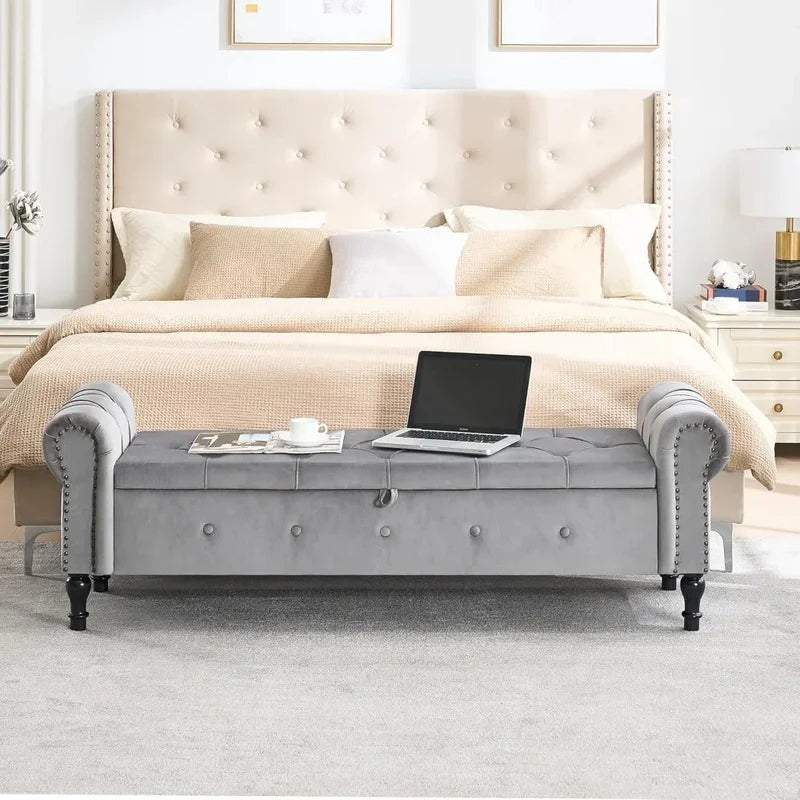 Velvet Tufted Storage Bench, 67" Bedroom End of Bed Bench, King Size with Rolled Arms, Button Ottoman Bench