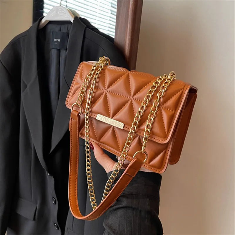 PU Leather Shoulder Bag Quilted Chain Small Square — Black | KIMLUD