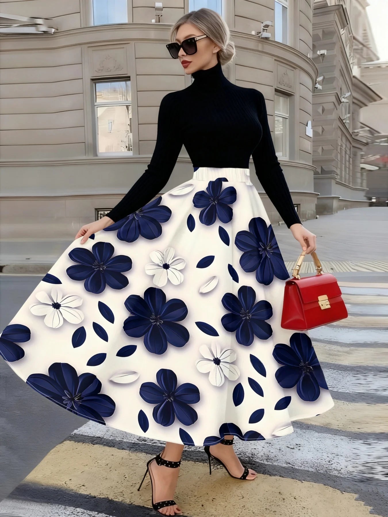 Skirt – Floral Print – Polyester – Ankle Length – Blue White | KIMLUD