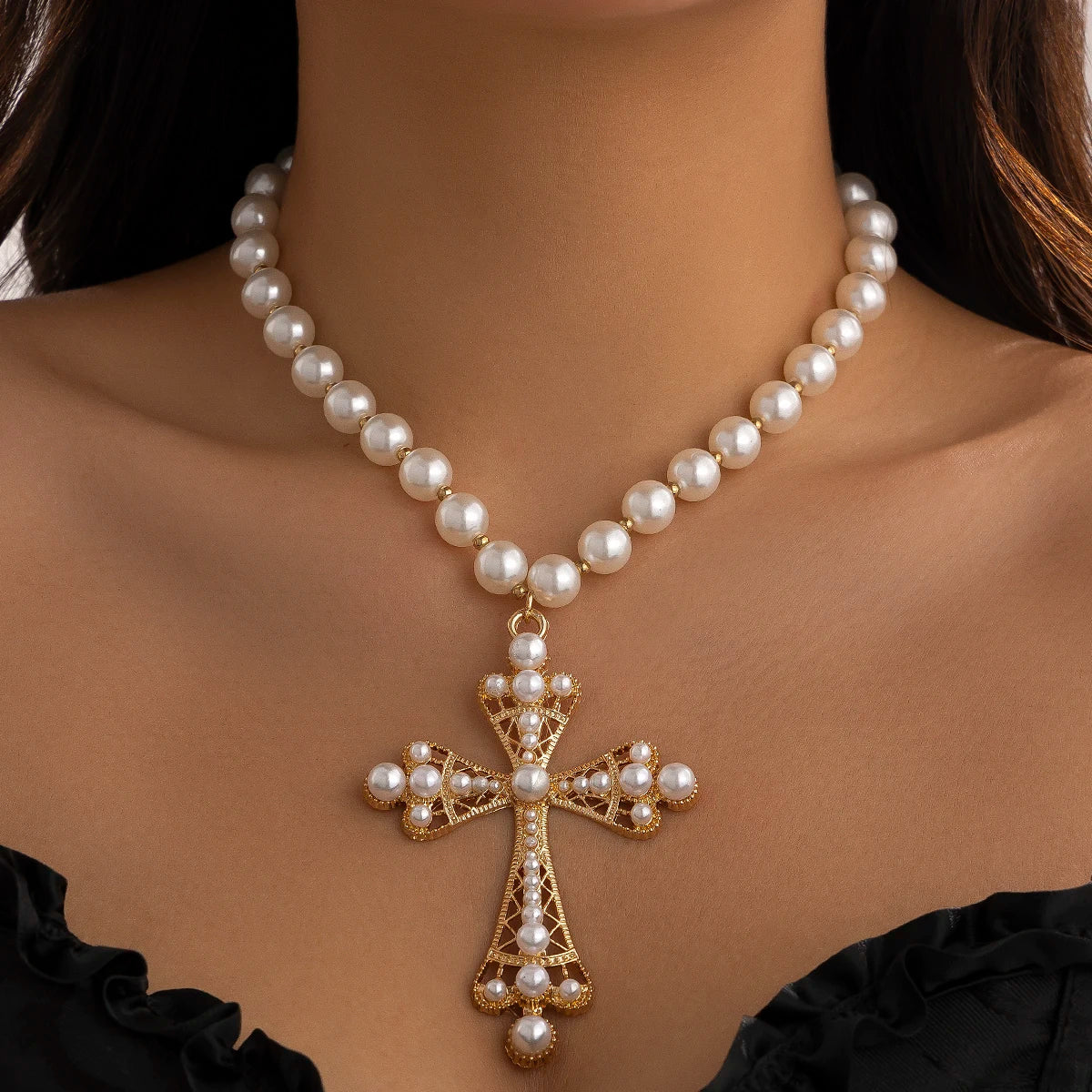 IngeSight.Z Trendy Goth Large Cross Pendant Necklace Elegant Charming Imitation Pearl Woman Choker Y2K Neck Jewelry Accessories