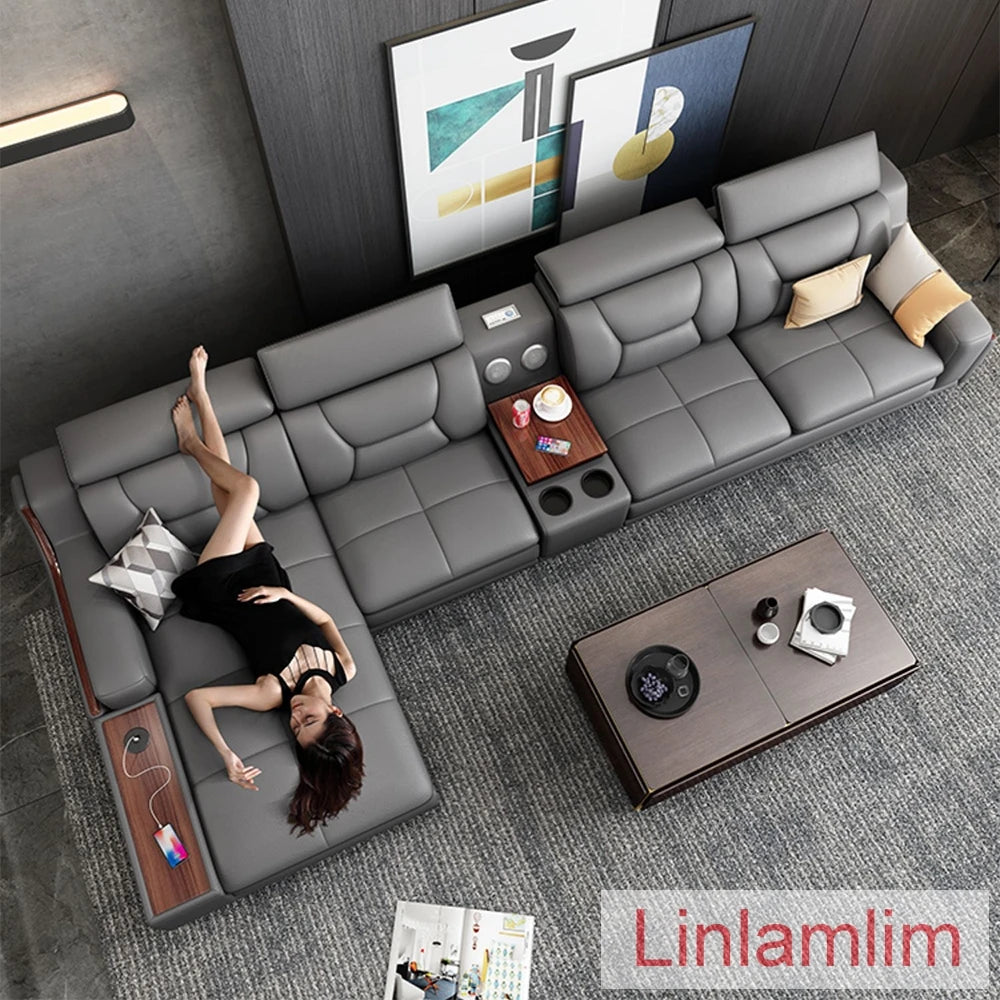 Italian Genuine Leather Sofa Featuring Bluetooth Speaker — Slate Gray | KIMLUD