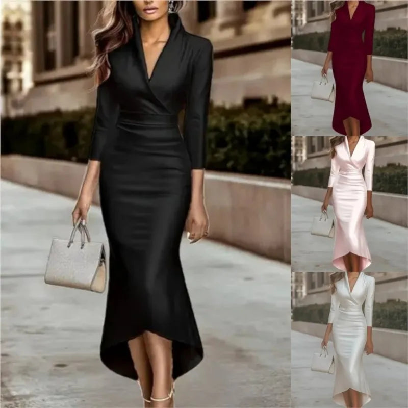 Elegant High-end Commuter Dress 2025 Autumn Simple Grand Solid Color V-neck  Cinched Waist  Long-sleeved Ankle-length Long Dress