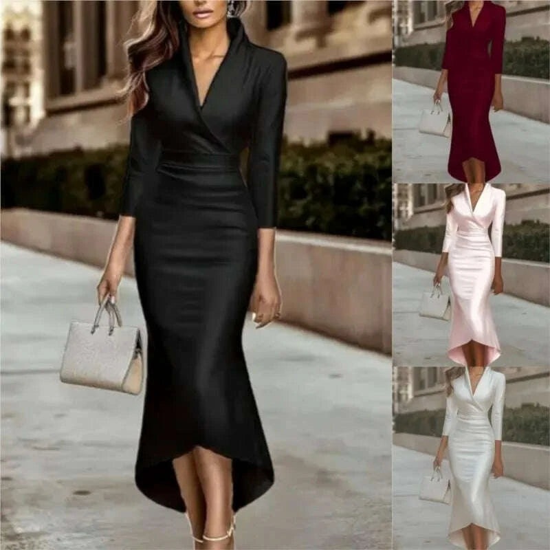 elegant-high-end-commuter-dress-2025-autumn-simple-grand-solid-color-v-neck-cinched-waist-long-sleeved-ankle-length-long-dresskimlud-womens-fashion-34619469