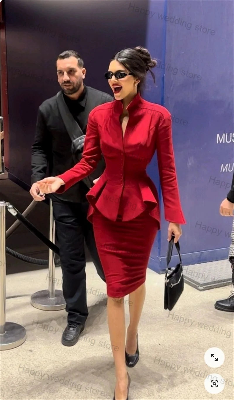 Red Formal Women Suit Skirt Set 2 Piece Blazer+Mini Short Prom Dress Business Office Lady Cotton V Neck Coat Jacket Customized